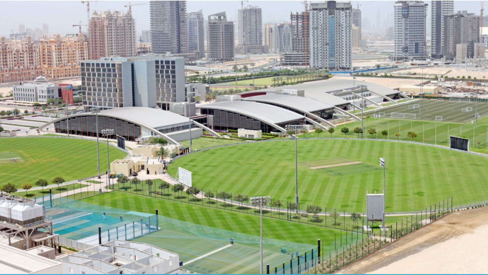 An aerial view of the cricket grounds at ICC cricket academy